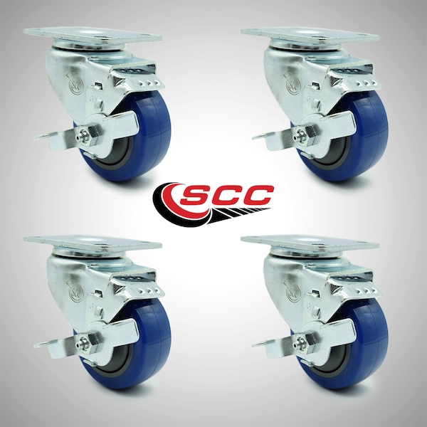 3 Inch SS Blue Polyurethane Swivel Top Plate Caster Set with Brake SCC